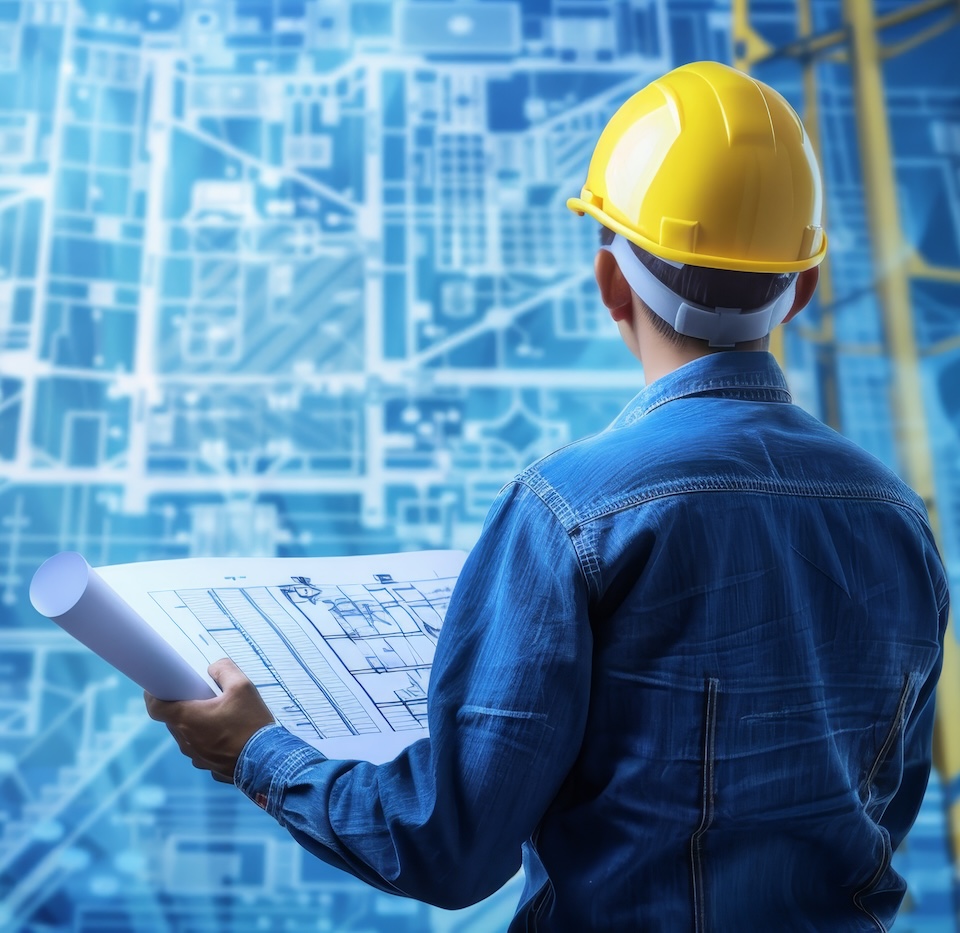 Engineer with yellow helmet reviewing blueprints against a high-tech background, symbolizing modern architecture and construction planning.